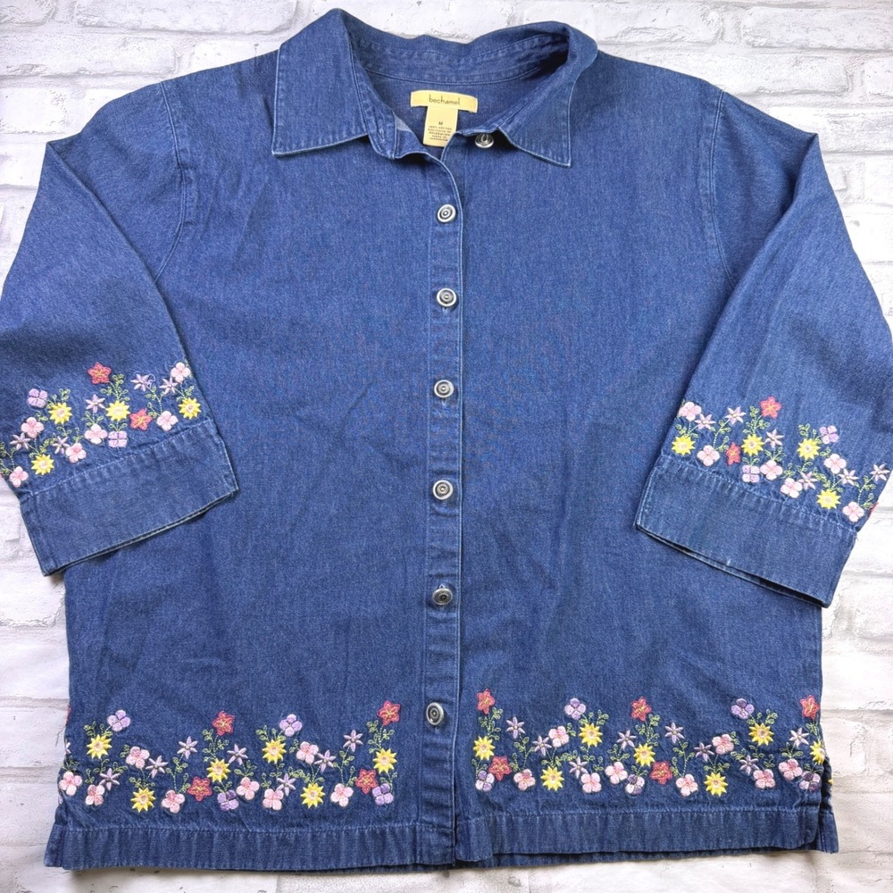 Bechamel Vintage Denim Shirt Womens Medium Blue Floral Embroidered Button Down